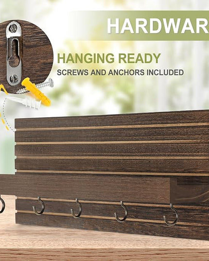 Lwenki Decorative Key Holder for Wall with Shelf, Entryway Shelf with Hooks Holds Leashes, Jackets and Glasses – Sturdy Wood Keyholder Entrance Hanger with Mounting Hardware (Brown, Medium)