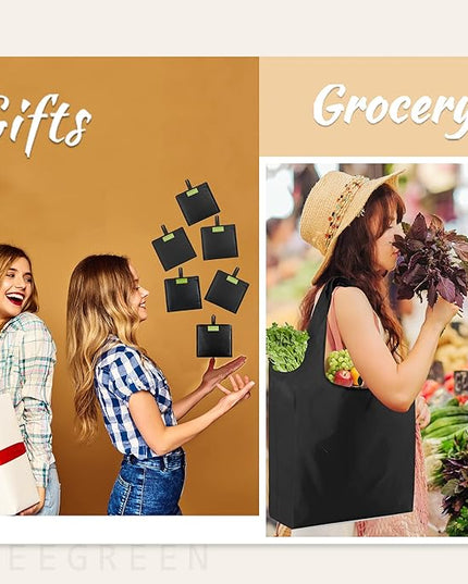 BeeGreen Black Tote Bag Shopping Bags for Groceries & Reusable Grocery Bag Heavy Duty, Large Tote Bag for Women, Foldable 6 Pack Gift Bags With Handles, Cute Cloth Washable for Holiday Travel & Bulk
