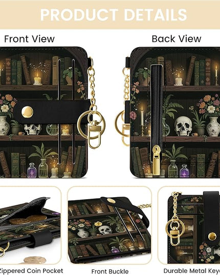 Sodsay Small Slim Wallet Women RFID Blocking, PU Leather Bifold Ladies Wallet with Zipper Coin Pocket, Thin Cute Travel Card Wallets for Girls, Black Gothic Relic