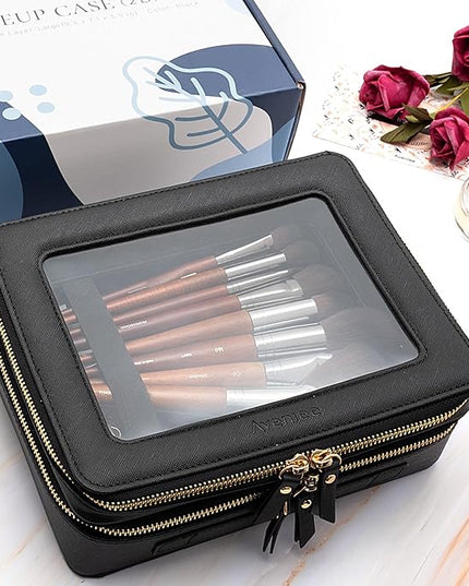 Aveniee Clear Makeup Bags,Double Layer Cosmetic Bags with Separate Brush Compartment,Large Travel Toiletry Bag Cosmetic Case,Travel Accessories Organizer for Women,2 Layers,Black