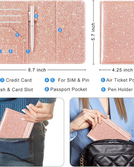 ACdream RFID BLOCKING Passport Holder Travel Wallet, Premium PU Leather Cover Passport Book with Card Holder, Pen Holder, Keep Organization, and Travel Essentials for Women and Men, Glitter Rose
