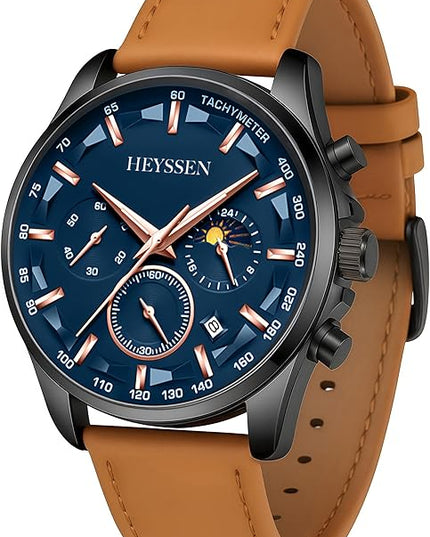 Watches for Men Chronograph Analog Luminous Quartz Watch Blue Black Luxury Genuine Leather Mens Watches Business Sports Waterproof Wristwatch Elegant Gift for Him