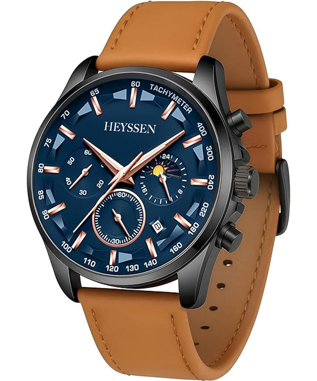 Watches for Men Chronograph Analog Luminous Quartz Watch Blue Black Luxury Genuine Leather Mens Watches Business Sports Waterproof Wristwatch Elegant Gift for Him