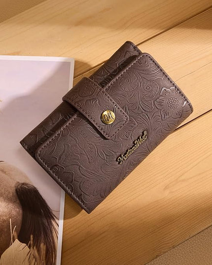 Montana West Womens Wallet Small Western Embossed Floral Wallet for Women Trifold Card Holder Wallets Ladies Female RFID Blocking Wallets Coffee with ID Window