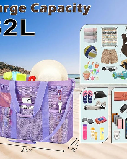 Mesh Beach Bag, Large Beach Tote with Zipper Pocket, Toys Pool Bag for Family Travel Vacation Cruise Essentials