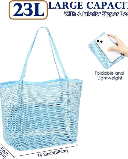 Mesh Beach Bag, Large Beach Tote with Zipper Pocket, Toys Pool Bag for Family Travel Vacation Cruise Essentials