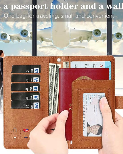 Passport Holder for Travel Essentials, RFID Blocking PU Leather Wallet Cover with Wristlet Strap Magnetic Closure Passport Book Holders Case for Women and Men, Brown