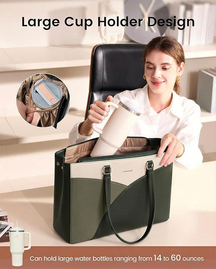 LOVEVOOK Laptop Bag for Women,17.3Inch Work Teacher Bags Leather Tote Bag Briefcase Waterproof Computer Bag for Women，White and Green