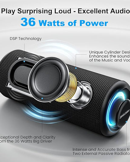 MIATONE Bluetooth Speakers 36W TWS Portable Speaker with Stereo Sound Bass, Bluetooth 5.3 Wireless USB Type C Outdoor, 5000mAh 24H Playtime IPX7 for Present, Boy Friend Gifts for him (Black)