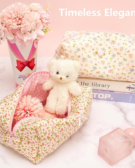 Cozy Makeup Bag Travel Cosmetic Bag for Women Soft Toiletry Bag Aesthetic Makeup Organizer Portable Large Zipper Pouch for Skincare Beauty Accessories Brushes Floral Pink