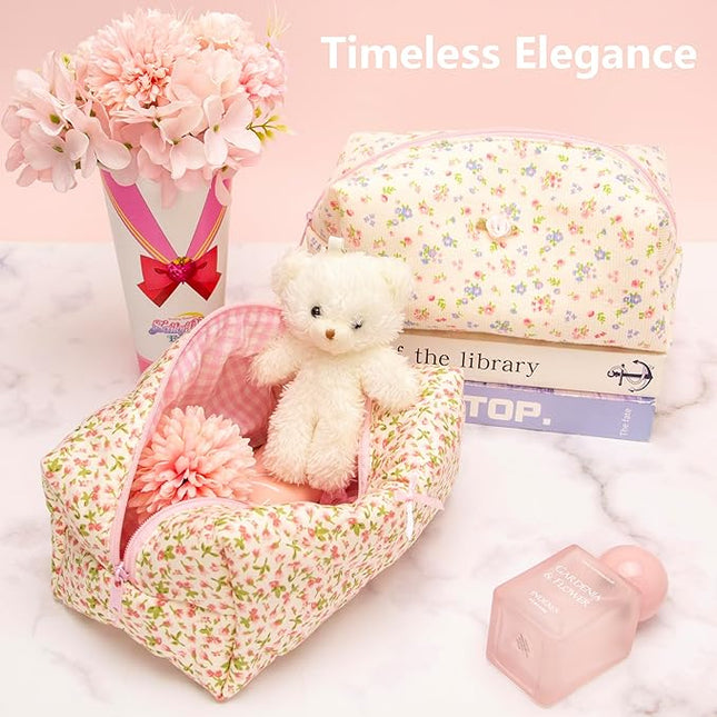 Cozy Makeup Bag Travel Cosmetic Bag for Women Soft Toiletry Bag Aesthetic Makeup Organizer Portable Large Zipper Pouch for Skincare Beauty Accessories Brushes Floral Pink