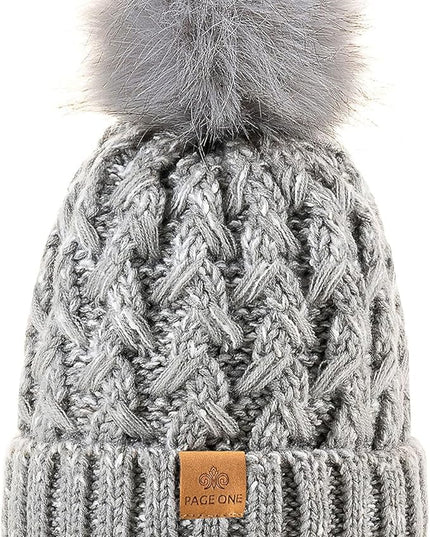 PAGE ONE Womens Winter Ribbed Beanie Crossed Cap Chunky Cable Knit Pompom Soft Warm Hat