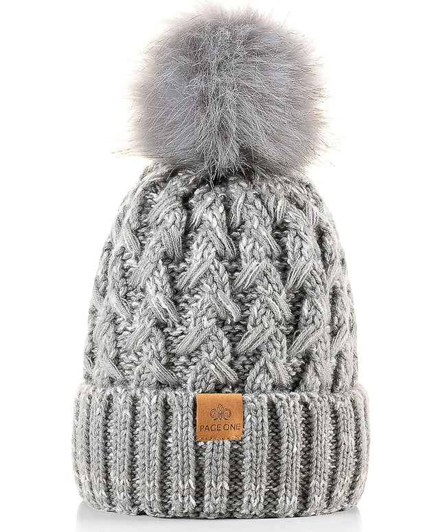 PAGE ONE Womens Winter Ribbed Beanie Crossed Cap Chunky Cable Knit Pompom Soft Warm Hat