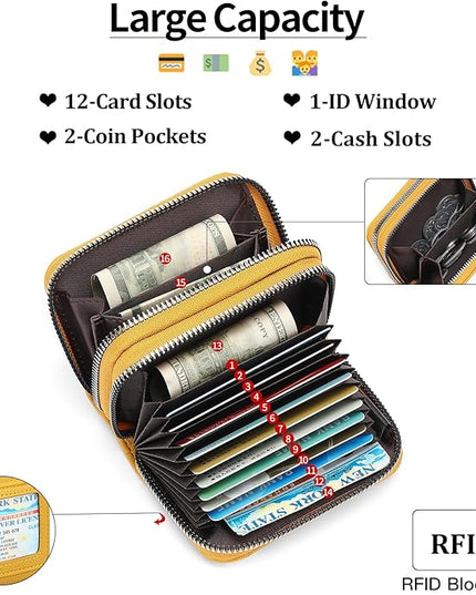 RNIEGA Credit Card Holder Wallet RFID Blocking Leather Small Wallet for Women Double Zipper Wallet with ID Window