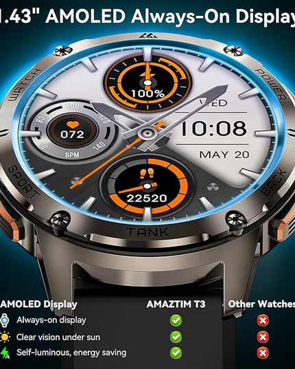 AMAZTIM Smart Watches for Men,60 Days Extra-Long Battery, Rugged Military Bluetooth Call(Answer/Dial Calls),1.43" Ultra HD AMOLED Display,Full Metal Body SmartWatch Compatible iPhone and Android