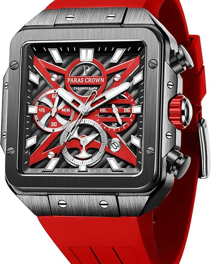 Paras Crown Watches for Men Tonneau 5ATM Waterproof Quartz Luxury Chronograph Analog Men's Wrist Watches Stainless Steel Case Mens Watches