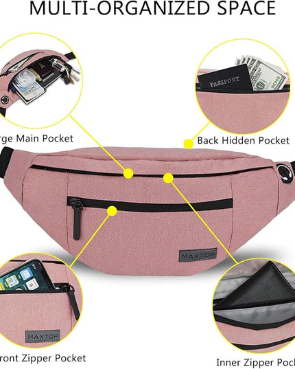 MAXTOP Large Crossbody Fanny Pack with 4-Zipper Pockets,Gifts for Enjoy Sports Festival Workout Traveling Running Casual Hands-Free Wallets Waist Pack Phone Bag Carrying All Phones