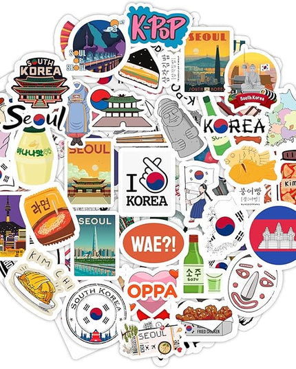BulbaCraft South Korea Stickers, Korean Stickers for Water Bottle & Laptop - South Korea Party Supplies & Decorations, Waterproof Vinyl Decals, Gifts for Women & Men