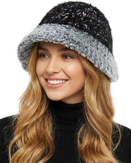 YI HENG MEI Women Knit Bucket Hat, Fluffy Winter Fisherman Hat Fuzzy Soft Warm Beanie Caps Women Cloche Caps Warm Bowler Hats
