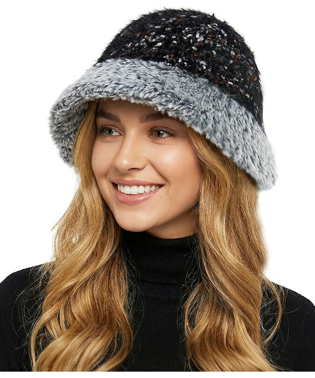 YI HENG MEI Women Knit Bucket Hat, Fluffy Winter Fisherman Hat Fuzzy Soft Warm Beanie Caps Women Cloche Caps Warm Bowler Hats