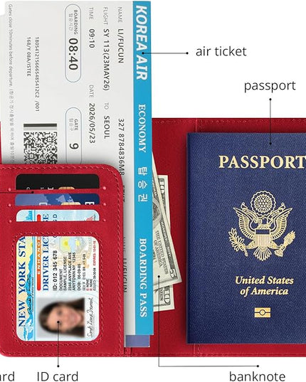 Passport Holder for Travel Essentials,RFID Blocking Passport Cover Wallet Card Case for Women and Men (Red)