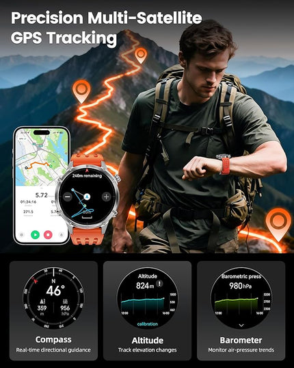 WalkerFit GPS Smart Watch for Men, Multi-Satellite Positioning, Full Metal Body, 520mAh Long Battery Life, 5ATM Waterproof with Bluetooth Call, 1.43” AMOLED Screen, Compatible with Android/iPhone