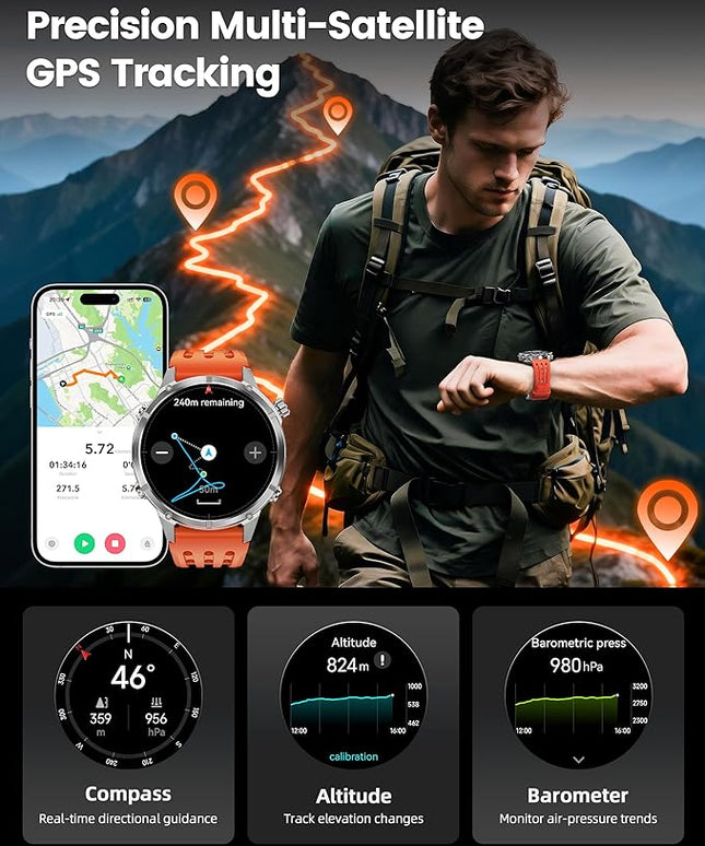 WalkerFit GPS Smart Watch for Men, Multi-Satellite Positioning, Full Metal Body, 520mAh Long Battery Life, 5ATM Waterproof with Bluetooth Call, 1.43” AMOLED Screen, Compatible with Android/iPhone