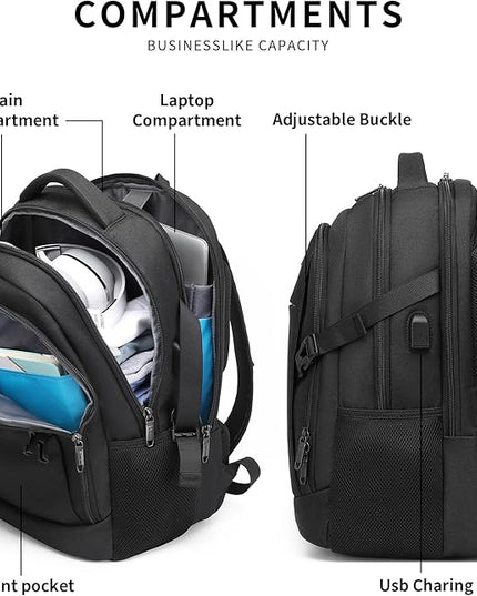 DUSLANG Anti-Theft Laptop Backpack, Black, 15.6-14-13 Inch Laptop Sleeve, USB Charging Port and Clear Cosmetic Toiletry Bag