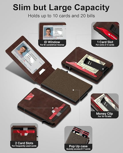 typecase Mens Wallet Card Holder: Pop Up Card Case, Genuine Leather, Smart, RFID Blocking, Slim, Minimalist, Thin, Front Pocket - 9-13 Card Capacitiy | ID Window | Money Clip (Brown)