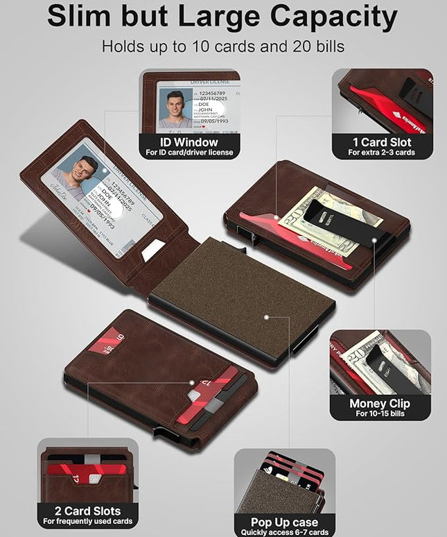 typecase Mens Wallet Card Holder: Pop Up Card Case, Genuine Leather, Smart, RFID Blocking, Slim, Minimalist, Thin, Front Pocket - 9-13 Card Capacitiy | ID Window | Money Clip (Brown)