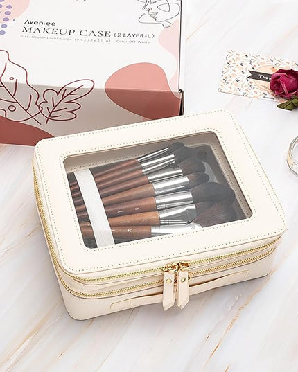 Aveniee Clear Makeup Bags, Double Layer Cosmetic Case with Separate Brush Compartment, Large Toiletry Organizer for Women, Travel Accessories Holder(2 Layers Large, White)