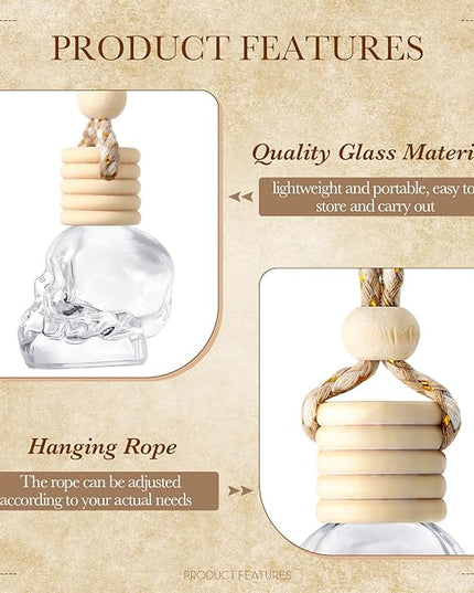 BBTO 50 Pcs Hanging Car Air Freshener Car Diffuser Bottles Empty Glass Perfume Bottle Freshener Diffuser Bottle Pendant for Essential Oil Fragrance Aromatherapy Bottle Ornament(Skull)