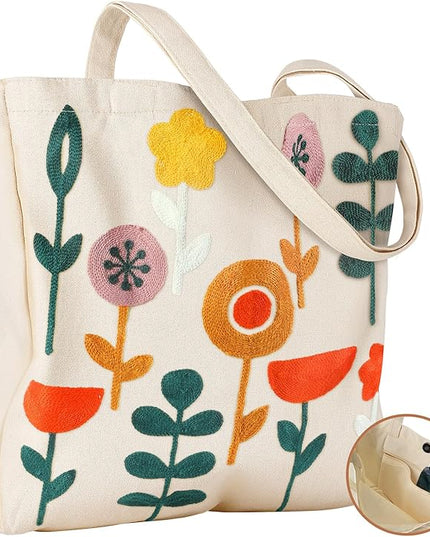 Embroidery Canvas Tote Bag for Women - Reusable Totes with Pocket & Buckle Aesthetic Cute Grocery Shoulder Bag