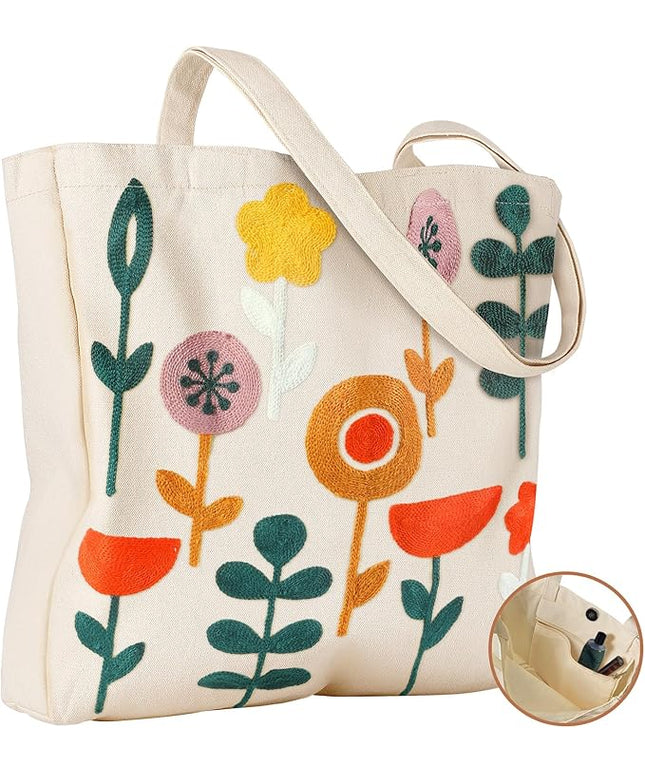 Embroidery Canvas Tote Bag for Women - Reusable Totes with Pocket & Buckle Aesthetic Cute Grocery Shoulder Bag