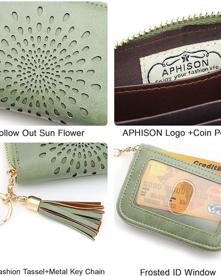 APHISON RFID Credit Card Holder Zipper Card Case Keychain Small Wallet for Women 1927 GREEN