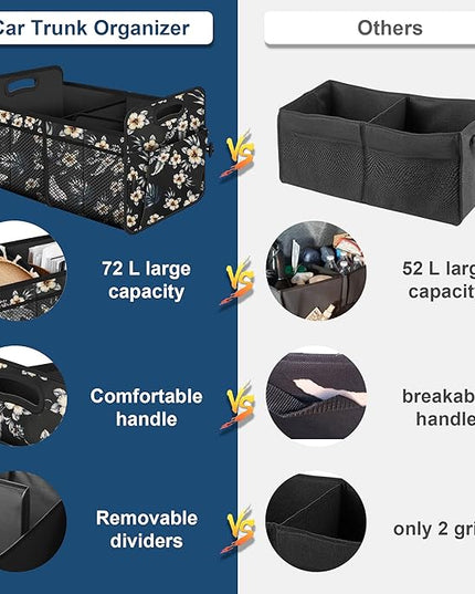 Femuar Car Trunk Organizer,Car Storage Organizer with 72L Large Capacity Waterproof Collapsible and 11 Pockets,Trunk Organizer for Car Suv/Jeep/Sedan, Large Size, Hibiscus flowers