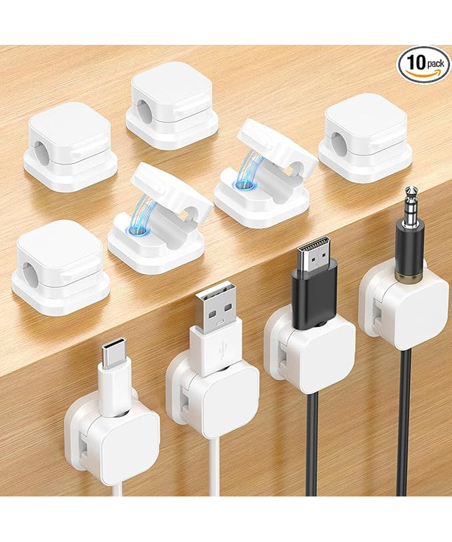 10 Pack Magnetic Cable Clips, Cord Organizer Holder with Strong Adhesive, Desk Cable Management for Home Office Car Desktop Nightstand, Adjustable Wire Keeper (White)