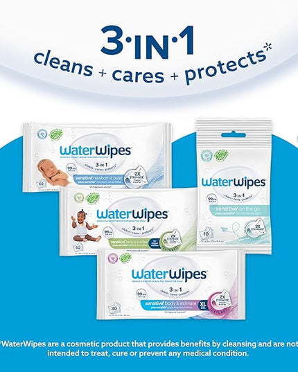WaterWipes Sensitive+ Baby & Toddler Wipes, 3-In-1 Cleans, Cares, Protects, 99.9% Water, Textured Clean, Unscented & Hypoallergenic, 1080 Count (18 Packs)