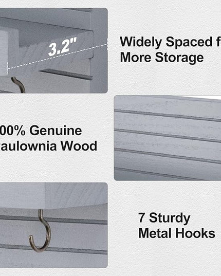 Lwenki Decorative Key Holder for Wall with Shelf, Entryway Shelf with Hooks Holds Leashes, Jackets and Glasses – Sturdy Wood Keyholder Entrance Hanger with Mounting Hardware (Gray, Large)