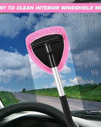 Baderke 10 Pcs Windshield Cleaner Tool Car Window Cleaning Supplies with Extendable Handle Include 6 Washable Microfiber Bonnets 2 Empty 60ml Spray Bottle Glass Wiper Kit(Pink)