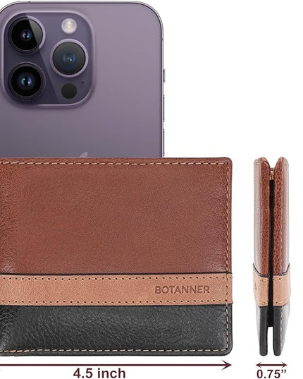 BOTANNER Mens Genuine Leather Bifold Wallet | RFID Blocking, 8 Credit Card Slots, 2 Sections for Bills & 2 Additional Slots | Tan/Camel/Black