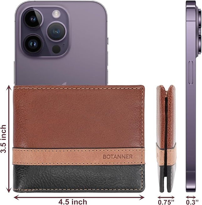 BOTANNER Mens Genuine Leather Bifold Wallet | RFID Blocking, 8 Credit Card Slots, 2 Sections for Bills & 2 Additional Slots | Tan/Camel/Black