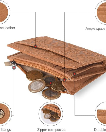 Oak Leathers Leather Wallet For Women - Small RFID Coin Purse Credit Card & ID Holder for Ladies, Gift for Women's, Bifold Wallets (Crazy Horse Cognac Flower)