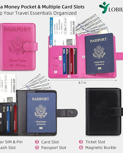 2 Pack Passport Holder For Travel with Luggage Tag Cover – RFID Blocking Passport Wallet Holder for Travel Women/Men | PU Leather Passport Case with Money Pocket, Black/Pink