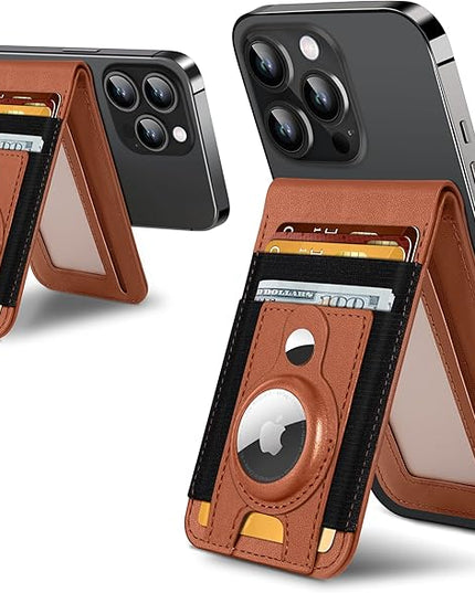 for Magsafe Wallet Stand with Airtag Holder, Strongest Magnetic Wallet for iPhone 17/16/15/14/13/12 Series, ID Window, 4 Card Slots, 10 Cards Holder, Vegan Leather, RFID Blocking, Brown