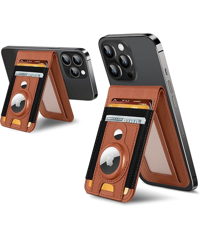 for Magsafe Wallet Stand with Airtag Holder, Strongest Magnetic Wallet for iPhone 17/16/15/14/13/12 Series, ID Window, 4 Card Slots, 10 Cards Holder, Vegan Leather, RFID Blocking, Brown