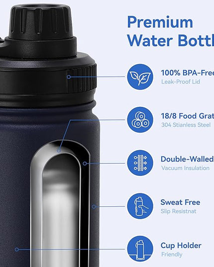 DOMICARE 16 oz Water Bottle Stainless Steel Double Wall Vacuum Insulated Water Bottle with Straw lids & Spout Lid, Leakproof