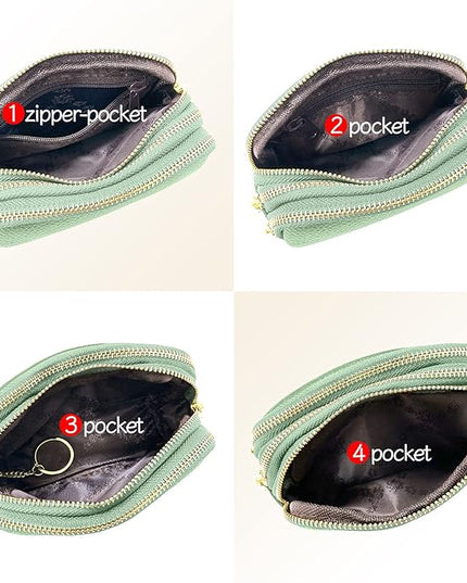 LINNO 3 Zippered Genuine Leather Coin Purse Triple Capacity Change Pouch Little Travel Wallet With Key Ring for Women