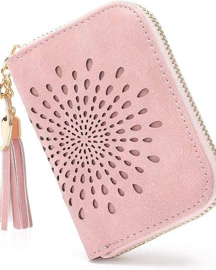 APHISON RFID Credit Card Holder Zipper Card Case Keychain Small Wallet for Women 1927 PINK