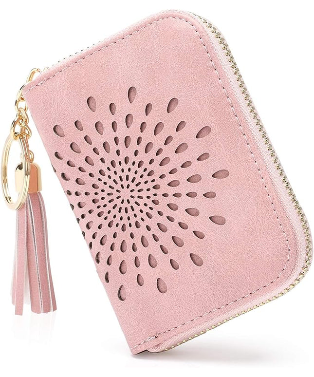 APHISON RFID Credit Card Holder Zipper Card Case Keychain Small Wallet for Women 1927 PINK